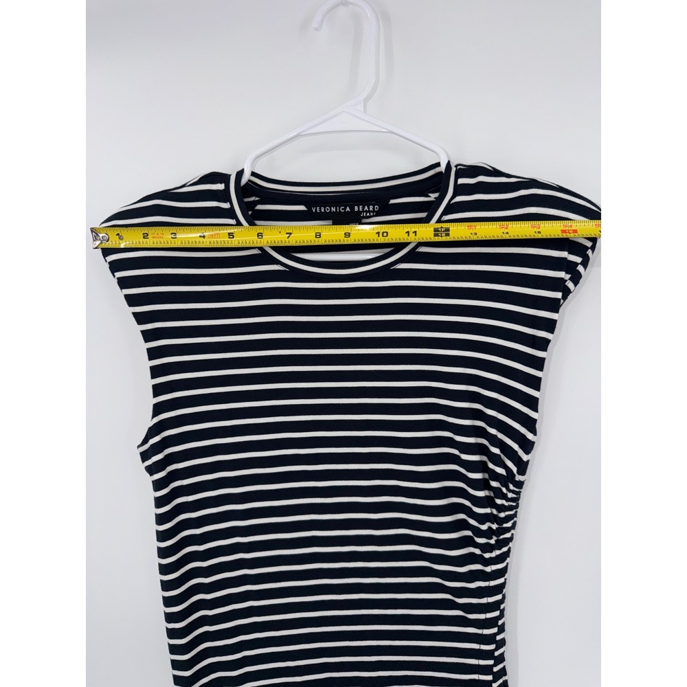 Veronica Beard Jeans Navy White Striped Ruched Padded Shoulder Midi Dress S - Picture 8 of 13